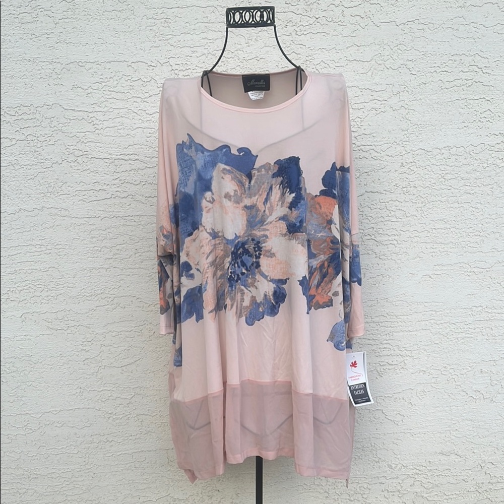 NWT  Marallis Hi-Low Sheer Hem Trim Floral Tunic Top XXL